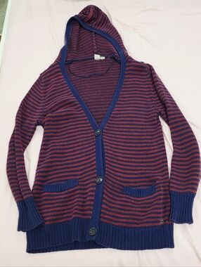Roxy Navy & Red Striped Hooded Button-Front Cardigan Size XL